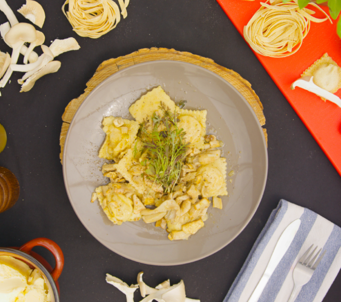 Raviolis à la courge et champignons